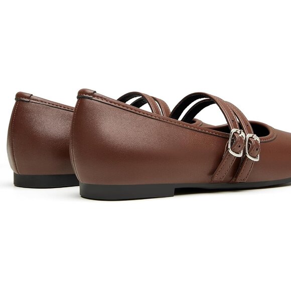 Trary Women Dark Brown Polyurethane Square Toe Slip On Buckle Strap Ballet Flats - Picture 2 of 6